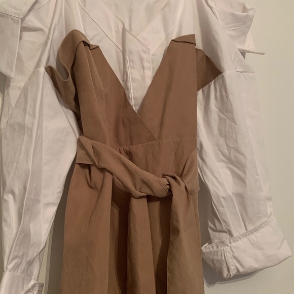 STORETS WHITE BEIGE TAN SUEDE BELTED SHIRT DRESS OFF SHOULDER - Picture 2 of 3
